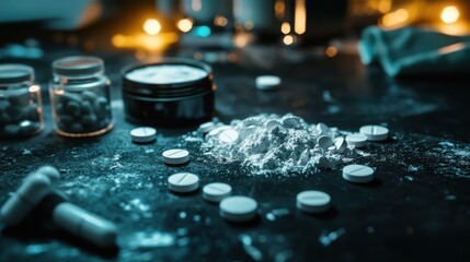 Forbidden Substances: A stark, close-up depiction of illicit substances, including powders, pills, and containers, artfully arranged on a dark surface.