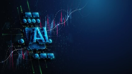 Lowpoly AI CPU Chip Over Growing Stock Market Chart - Animation Loop. Growth in artificial intelligence technology computing hardware industry. Rising prices of AI tech shares animated concept. - Powered by Adobe