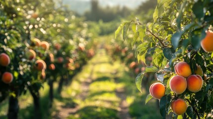 Vibrant peaches growing on trees in sunny orchard