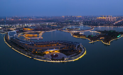 Aerial view of the second largest artificial lake in Shanghai at night.