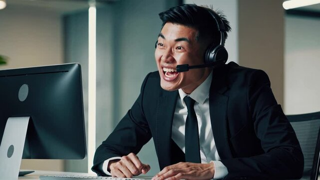Angry Asian customer service operator wearing a headset in a modern office, showing frustration during a difficult call. A realistic scene capturing workplace stress, emotional tension