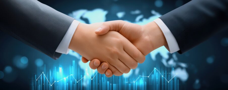 Trade and Export Tax Negotiation Concept. Two businesspeople shaking hands with a digital financial chart and world map backdrop representing global business and partnership.