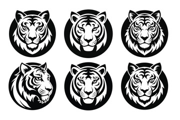 Vector set of tiger logos, face for logos, emblems, badges and labels. Isolated on white background