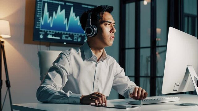 Angry Asian customer service operator wearing a headset in a modern office, showing frustration during a difficult call. A realistic scene capturing workplace stress, emotional tension