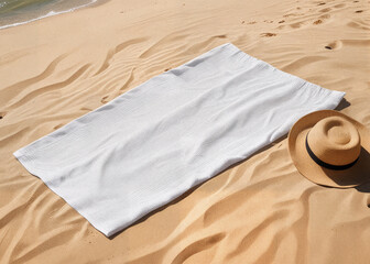 Blank white crumpled towel mockup lying on sand background, ai generated