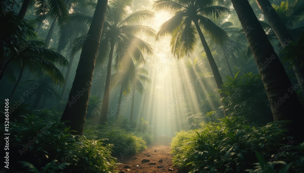 Poster serene path through misty tropical forest with palm trees