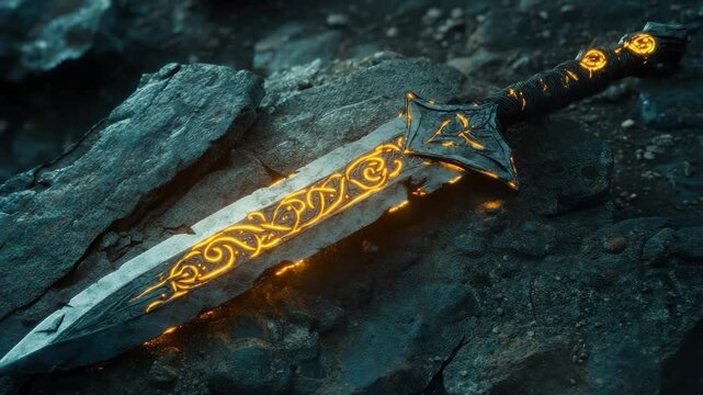 Enchanted Sword Lies on Ancient Stone: A Detailed Shot of Fantasy Weaponry, Magic and Mythology