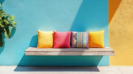 Colorful decorative pillows on sunny patio with teal and yellow wall