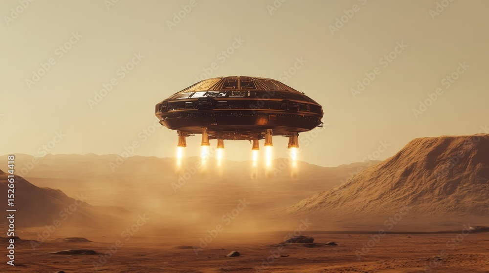Poster spaceship taking off from desert-like alien planet