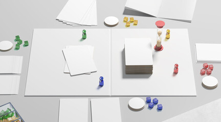 White board game field with chips, dice and cards mockup