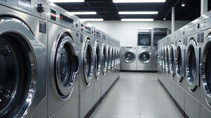 Rows of gleaming stainless steel commercial washing machines stand ready in a clean, modern laundromat, promising fresh laundry and a sense of efficient cleanliness.