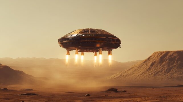 Spaceship taking off from desert-like alien planet