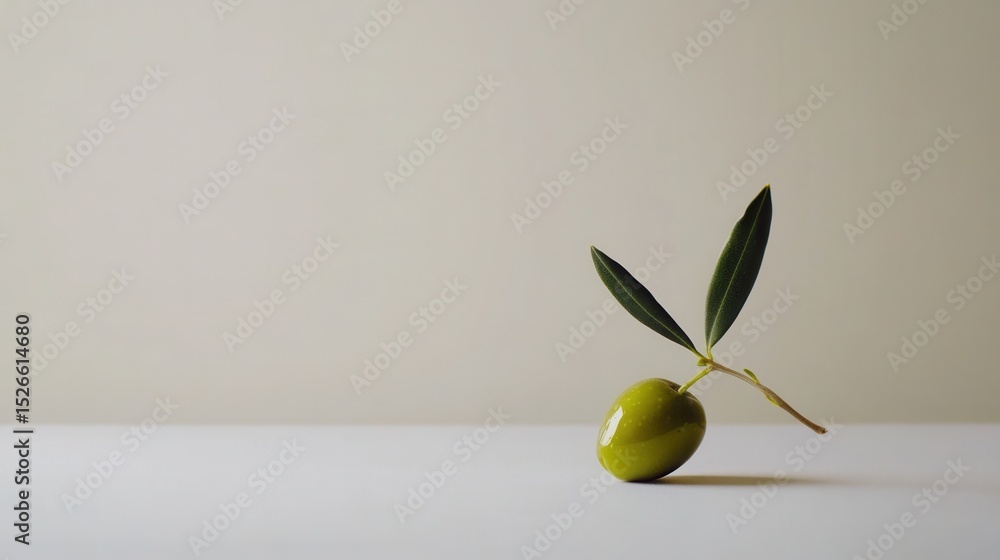 Poster Single olive resting on table with leaves in minimalist setting