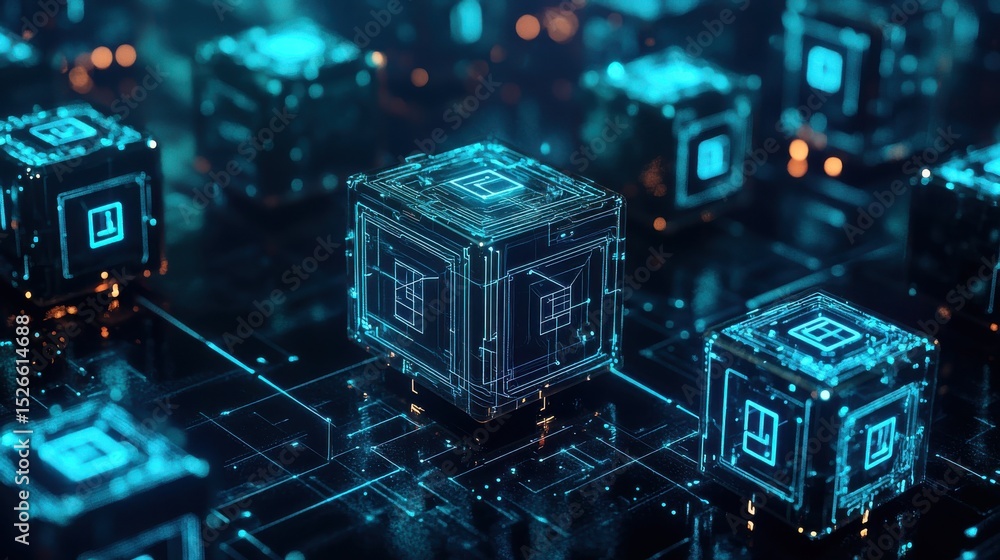 Poster dark cubes with glowing blue symbols in abstract digital environment