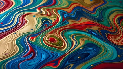 Vibrant Swirls Of Color AStunning Abstract Masterpiece,Where Red,Gold,Blue,And Green Intertwine In Harmonious Chaos.AVisual Symphony Of Fluid Paints.