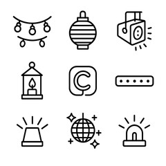Party Lighting Icons. Outline icon set of party lighting setups: string lights, paper lantern, LED spotlight, disco ball, candle