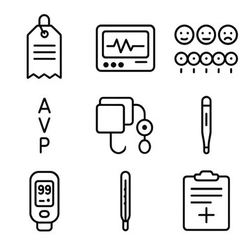 Patient Assessment Icons. Outline icon set of patient assessment and triage: triage tag, vital signs monitor, Glasgow Coma Scale