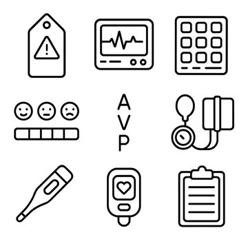 Patient Assessment Icons. Outline icon set of patient assessment and triage: triage tag, vital signs monitor, Glasgow Coma Scale