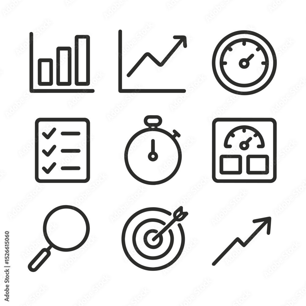 Poster performance metrics icons. outline icon set of performance metrics coaching: bar chart, line graph, 