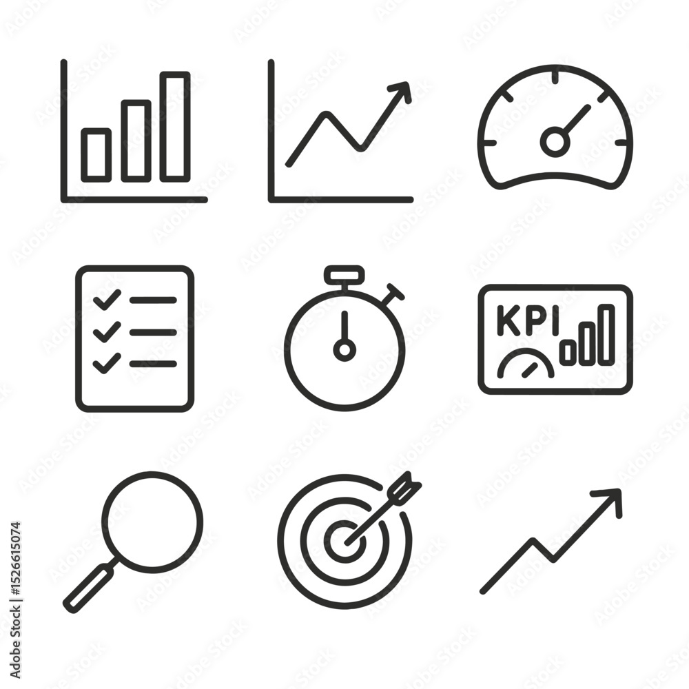 Aufkleber performance metrics icons. outline icon set of performance metrics coaching: bar chart, line graph, 
