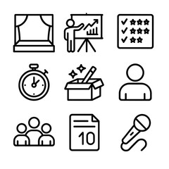 Fototapeta na wymiar Performance Icons Set. Outline icon set of performance-based assessment tasks: stage platform, presentation screen, performance