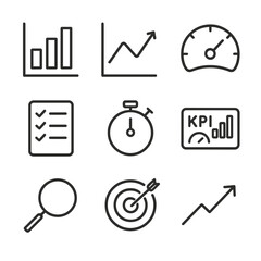 Performance Metrics Icons. Outline icon set of performance metrics coaching: bar chart, line graph, speedometer, checklist,