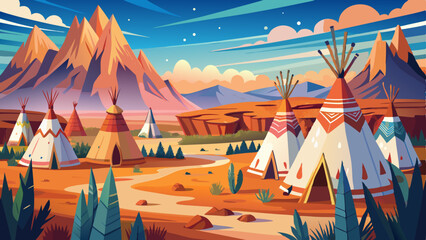 Traditional Native American teepees in vast natural landscapes, ideal for travel brochures, cultural campaigns, and historical documentaries keywords: teepees, Native American,