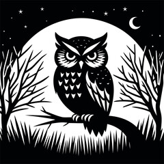 Owl Silhouetted on a Branch Under the Night Sky with Moon and Stars