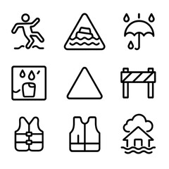 Rain Safety Icons. Outline icon set of rain safety signs: slippery floor, flash flood warning, umbrella zone, waterproof gear icon