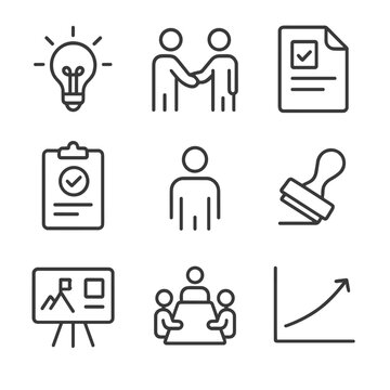 Project Initiation Icons. Outline icon set of project initiation phase: lightbulb idea, stakeholder handshake, project charter