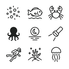 Reef Nightlife Icons. Outline icon set of reef night life: bioluminescent plankton, nocturnal fish, crab, octopus silhouette,