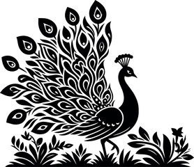 Elegant Peacock Silhouette with Ornate Tail Feathers