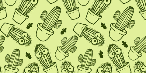 funny cacti with eyes cartoon seamless pattern