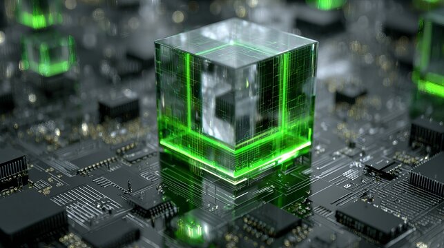 Futuristic technology concept with glowing cube on circuit board for ai and quantum computing use 100