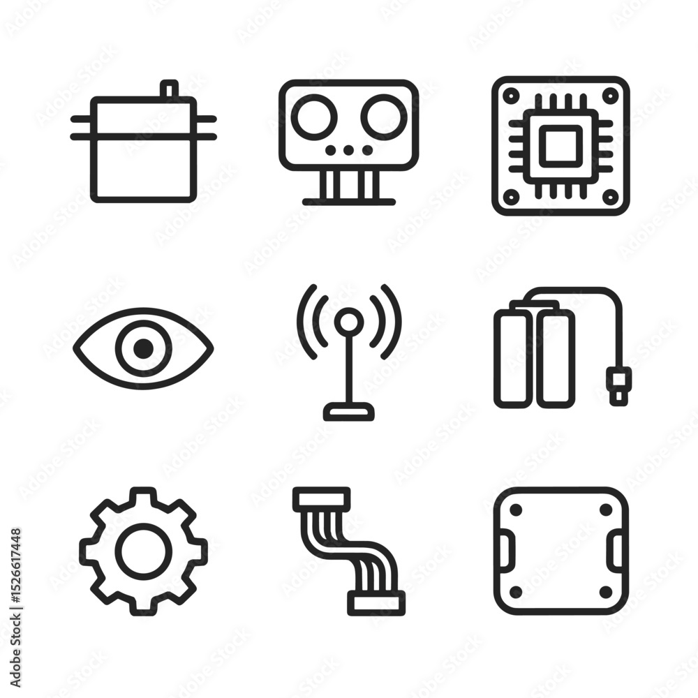Aufkleber robot components icons. outline icon set of robot components: servo motor, sensor array, circuit boa
