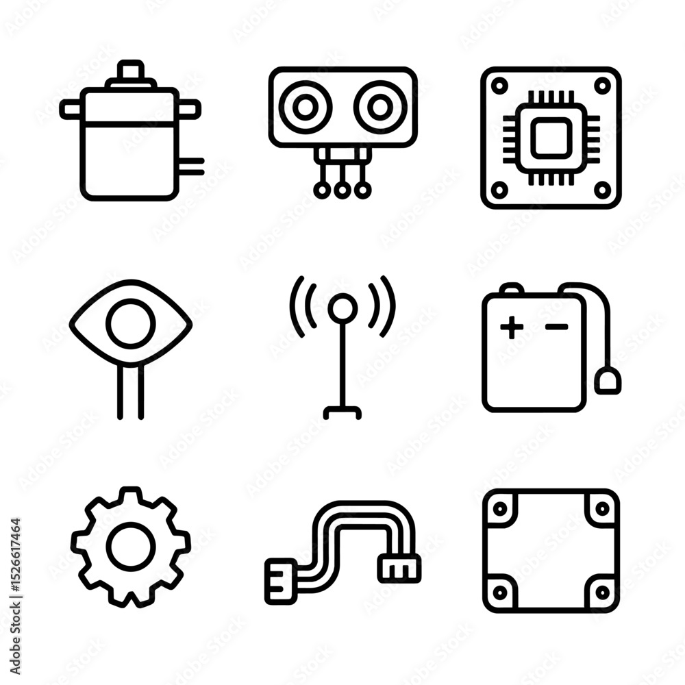 Aufkleber robot components icons. outline icon set of robot components: servo motor, sensor array, circuit boa
