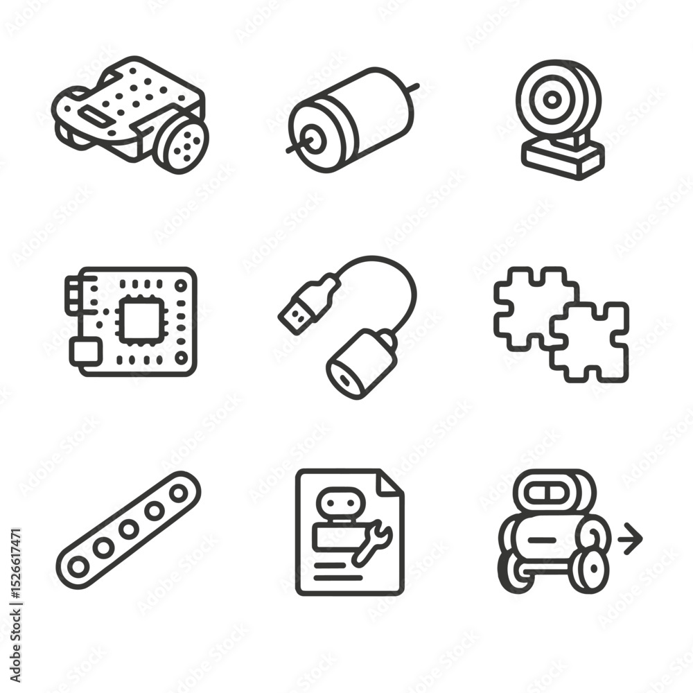 Poster robotics kit icons. outline icon set of robotics kits in education: robot chassis, motor, sensor, co