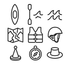 Obraz premium River Navigation Icons. Outline icon set of river navigation through gorges: kayak, paddle, whitewater waves, river map, life