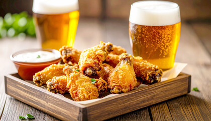 Deep-fried chicken wings and beer, pub style. AI