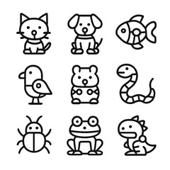 Fototapeta premium Robot Pet Icons. Outline icon set of robot pets: cat robot, dog robot, fish robot, bird robot, hamster robot, snake robot, insect