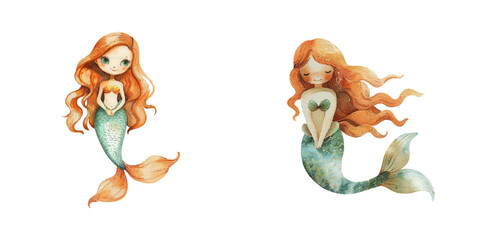 mermaid under water watercolor vector illustration