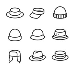 Fototapeta premium Seasonal Headwear Icons. Outline icon set of Seasonal headwear: lightweight straw hat, sun visor, knit skullcap, fleece beanie,