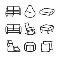 Seating Icon Grid. Outline icon set of seating arrangements: sectional sofa, bean bag, floor cushion, loveseat, rocking chair,