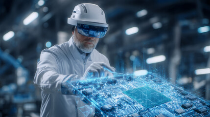 Engineer using augmented reality goggles to troubleshoot factory equipment