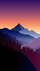 Abstract landscape depicting mountains and forest at sunset with vibrant color palette