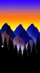 Abstract mountain landscape at sunset with silhouette of evergreen trees depicted in nature