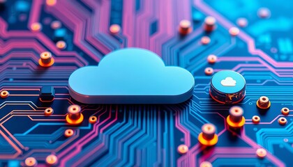 Obraz premium Abstract circuit board with cloud icons, representing digital cloud storage, circuit board design, storage