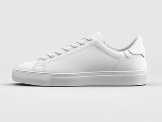 Simple white shoe rests on a smooth surface, showing its plain design and clean style for use as footwear or for a modern casual look.