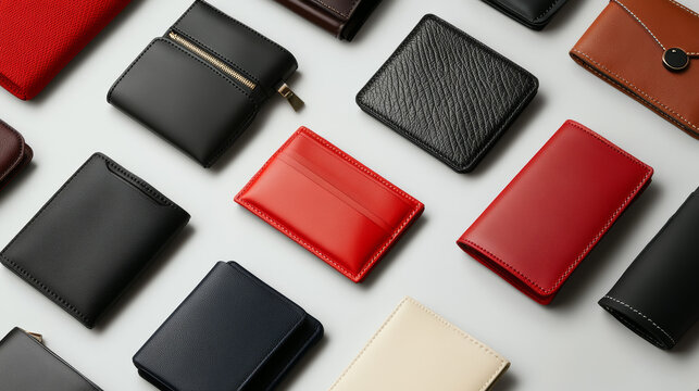 Stylish collection of colorful wallets and card holders. Perfect for showcasing luxury leather accessories and fashion.