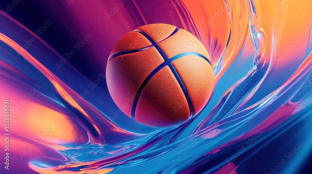 Poster vibrant basketball floating in abstract studio environment